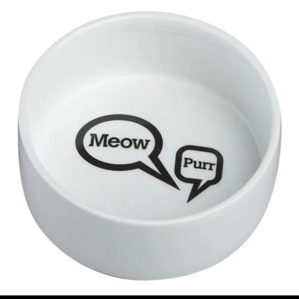 Crate & Barrel Meow Purr Speech Bubbles White Ceramic Cat Food/Water Bowl